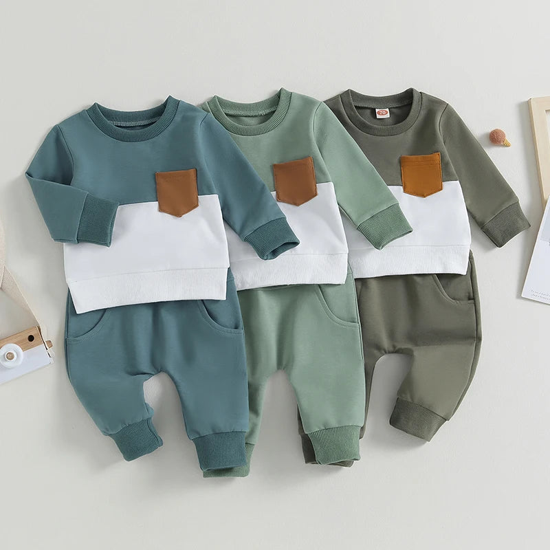 visgogo 0-3Years Baby Boys Clothes 2Pcs Fall Winter Outfits Long Sleeve Contrast Color Pullover Tops and Pants Toddler Tracksuit