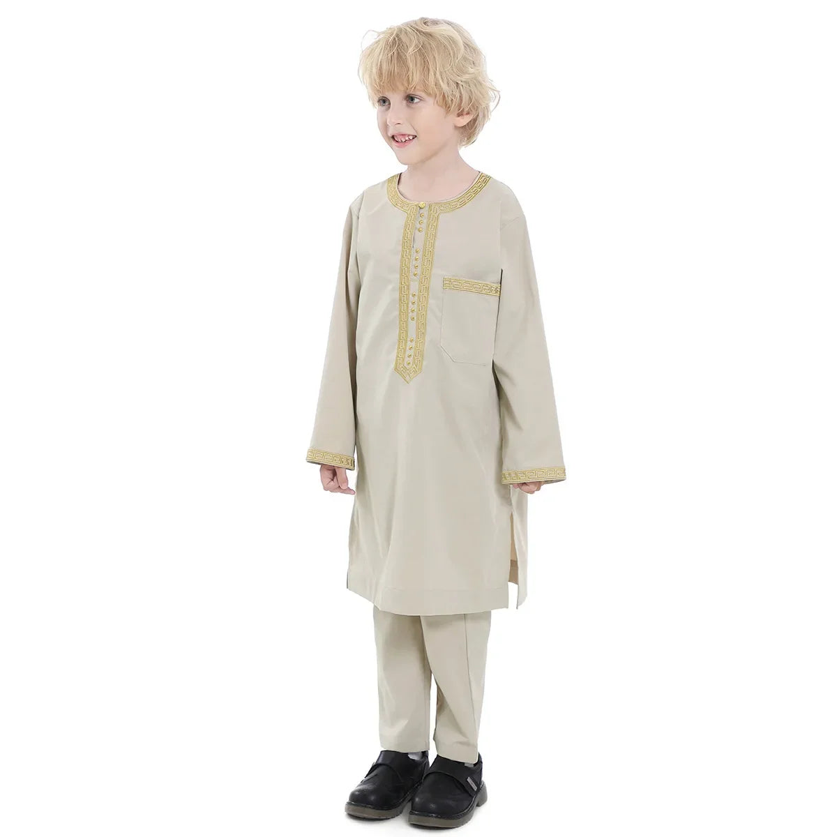 Muslim Children Robe 2 Pieces Set Kids Boy Round Neck Long Sleeve Printed Dress Shirt Abaya Kaftan Jubba Thobe Islamic Clothing