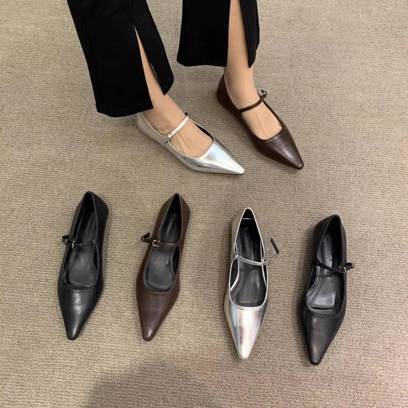 Flat Shoes for Women 2025 Spring Autumn New Mary Jane Shoes Low Heel Pointed Flat Bottomed Women's Shoes Plus Size 42 43 44