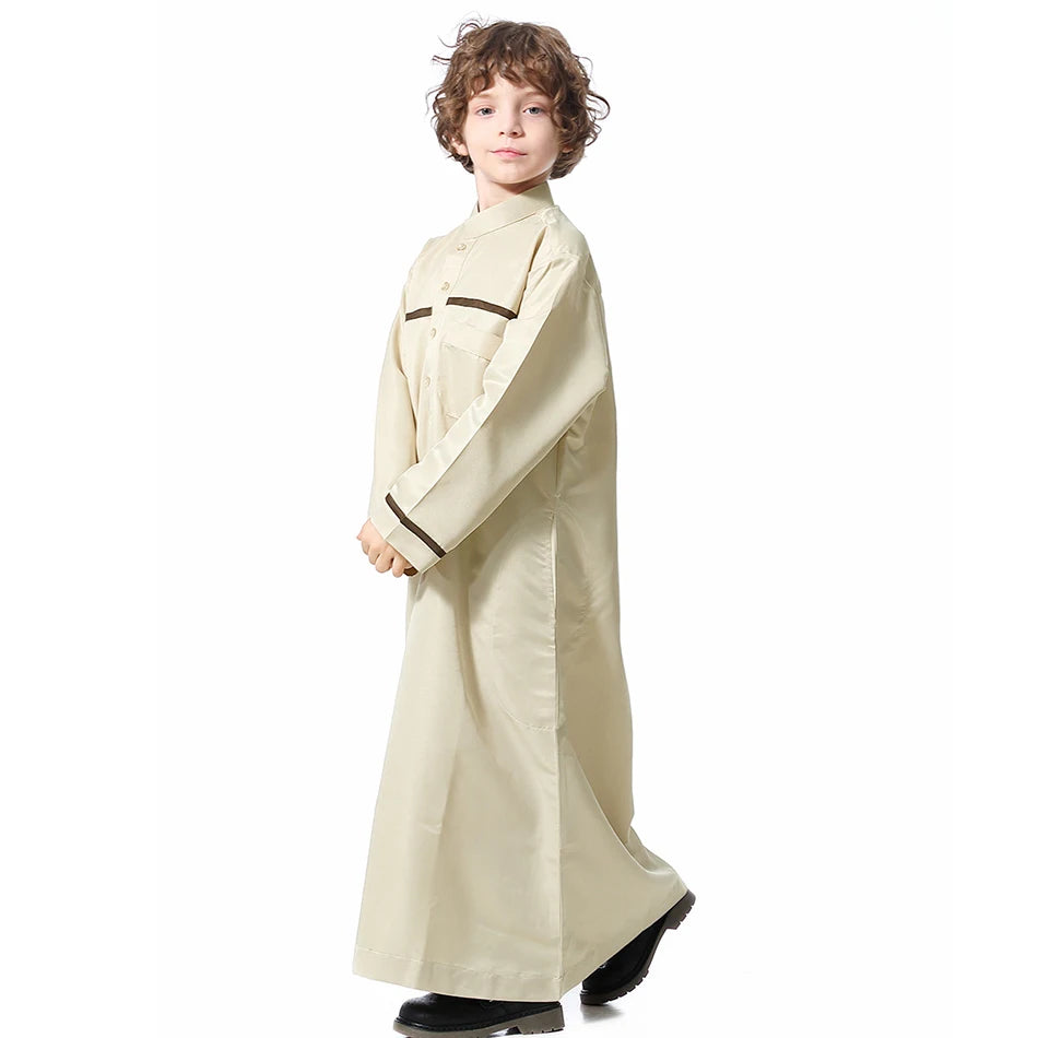 Ramadan Eid Islamic Boys Long Robe Children Traditional Arab Thobe Thawb Caftan Solid Color Long Sleeve Stand Collar with Pocket