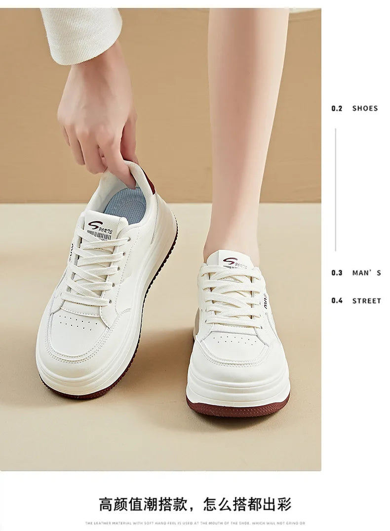 Women's White Shoes2025Autumn New Thick-Soled Platform Shoes Leather Surface All-Season Casual Sports Shoes for Women