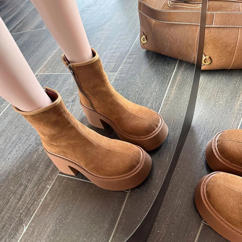 Block Heel Platform Single Boots Autumn New Round Toe Suede Side Zipper Anti-Slip Wear-Resistant Short Boots