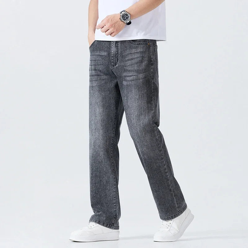 Summer Thin Straight Jeans Men's Clothing Soft Breathable Trousers Male Brand Comfortable Business Loose Denim Pants