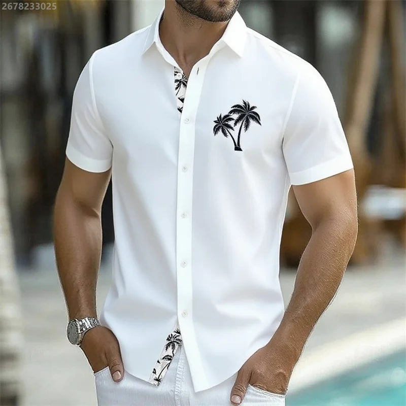 Men's summer tropical plant button coconut pattern Hawaiian short-sleeved beach shirt vacation daily wear fashionable casual