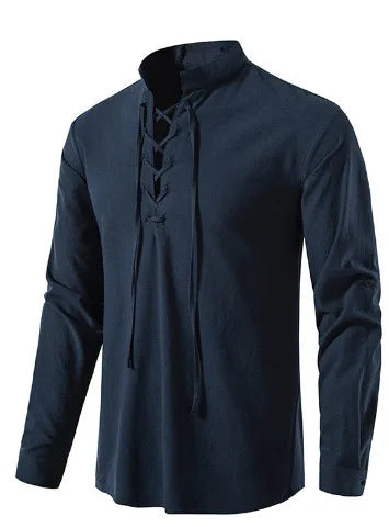 Men Cotton Linen Lace Up Long Sleeve Solid Blouse Shirts Summer Male Solid Loose Pullover Blouse Tops ARJ-A1776