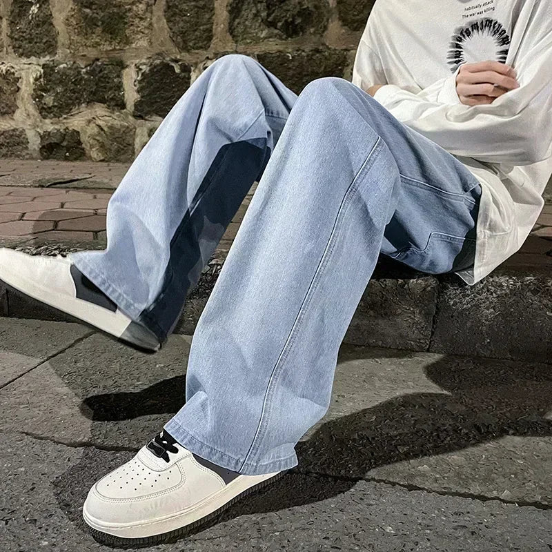 Men Casual Loose Jeans Male Streetwear Fashion Straight Wide Leg Denim Pants Elastic Waist Comfortable Solid Color Gray Trousers