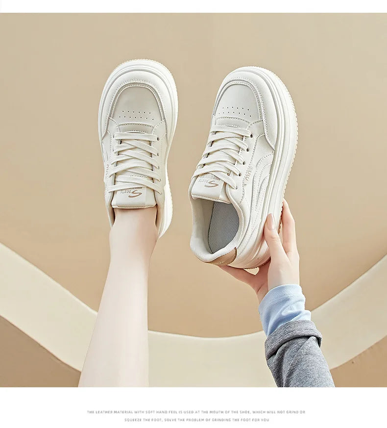 Women's White Shoes2025Autumn New Thick-Soled Platform Shoes Leather Surface All-Season Casual Sports Shoes for Women