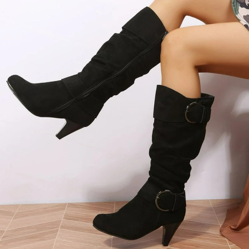 Women's Boots Side Zipper Modern Boots Fashion Pointed Toe Shoes High Heels Suede Mid-Calf Boots Solid Belt Buckle Casual Boot