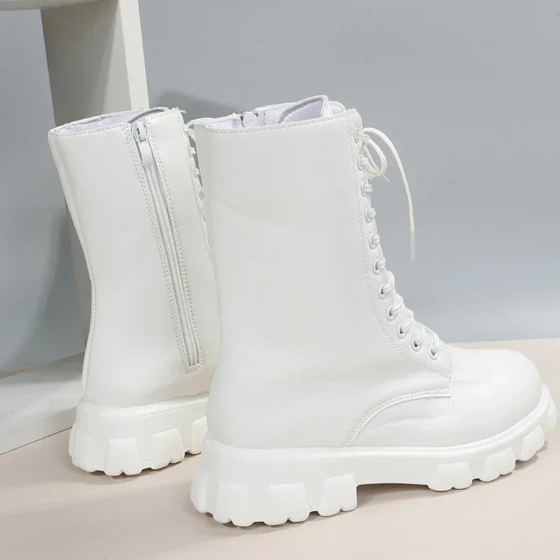 Boots Women 2024 Autumn Winter PU Leather White Ankle Boots Motorcycle Botines Female Chunky Heels Platform Boots Botas Mujer