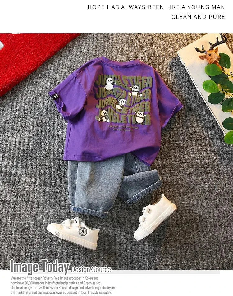 Korean Baby Boys Summer Sets Children's Clothing Short-Sleeved Letter T-Shirt & Denim Shorts Kids Boys Outfits Clothes 2-11Y