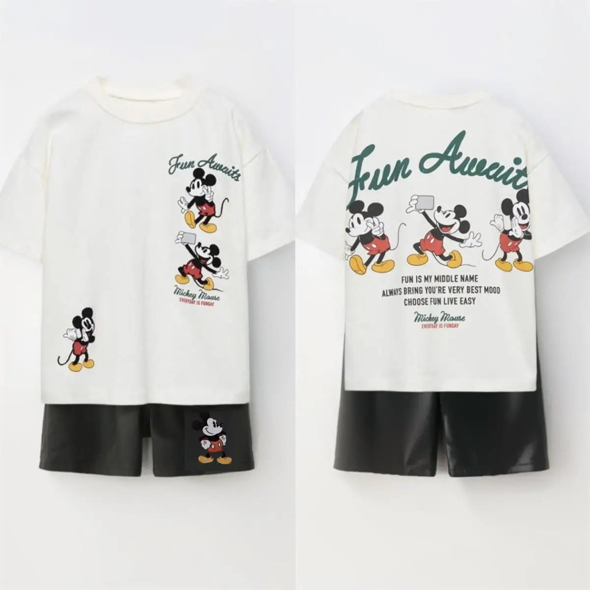 Disney Child Costume Mickey Mouse Double-sided Print Tshirt Short-sleeved Tracksuits 2026 Boys Girls Cute Tees Black Shorts