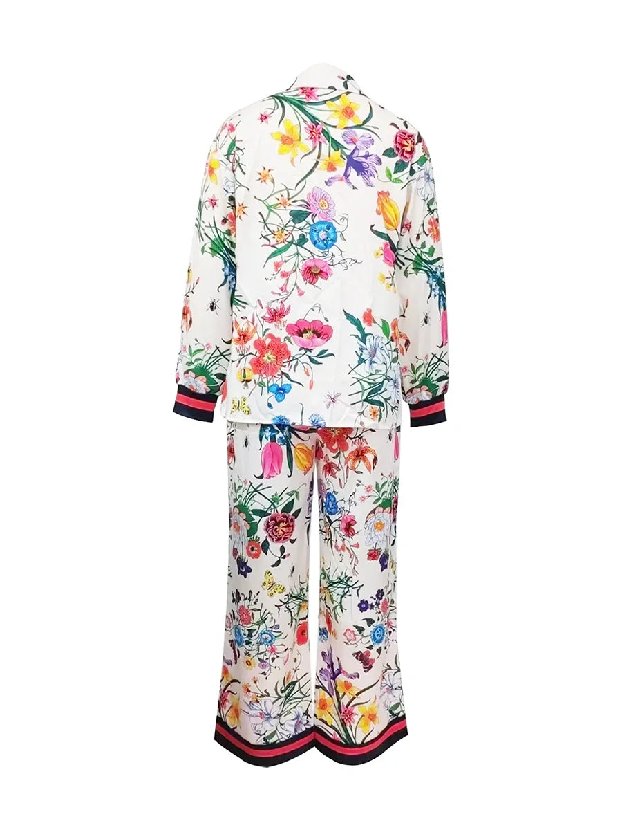 Women's Fall Casual Outfits Floral Print Long Sleeve Button Down Lapel Shirt with Elastic Waist Wide Leg Pants Sets Streetwear