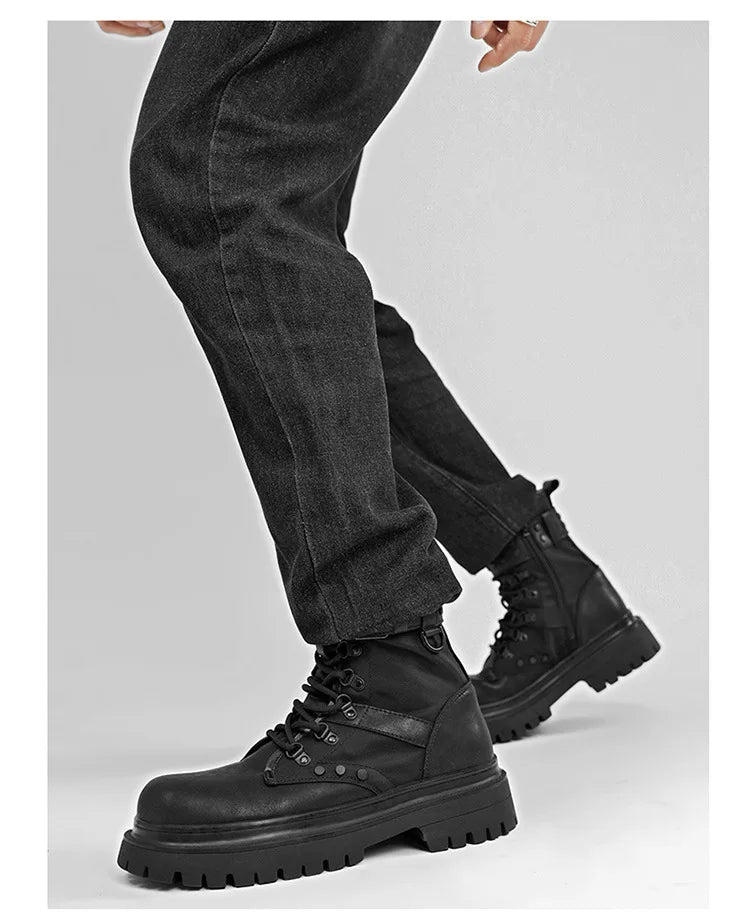 Men's High-Top Boots Retro British Style Black Tooling  Boots Fad Belt Buckle Designer Motorcycle Boot Man Casual Platform Boots