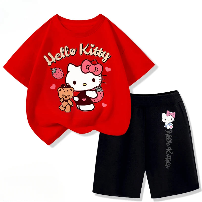 Sanrio Children's T-shirts Sets Girls Summer Short Sleeve Shorts Two Piece Suit Kids Outfits Breathable Sport Clothes Set