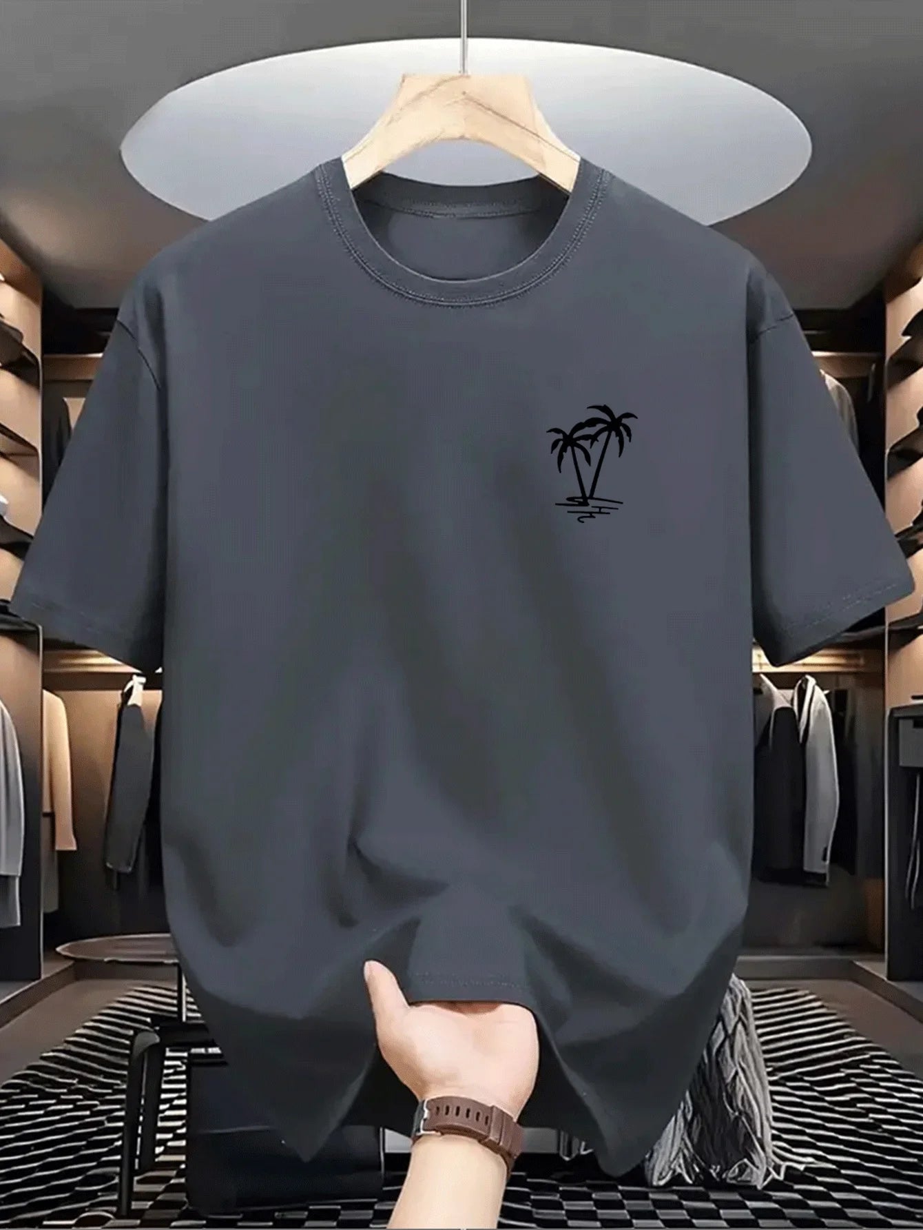 Men's summer  cotton fashionable casual loose coconut tree pattern printed sports round neck short sleeved T-shirt top