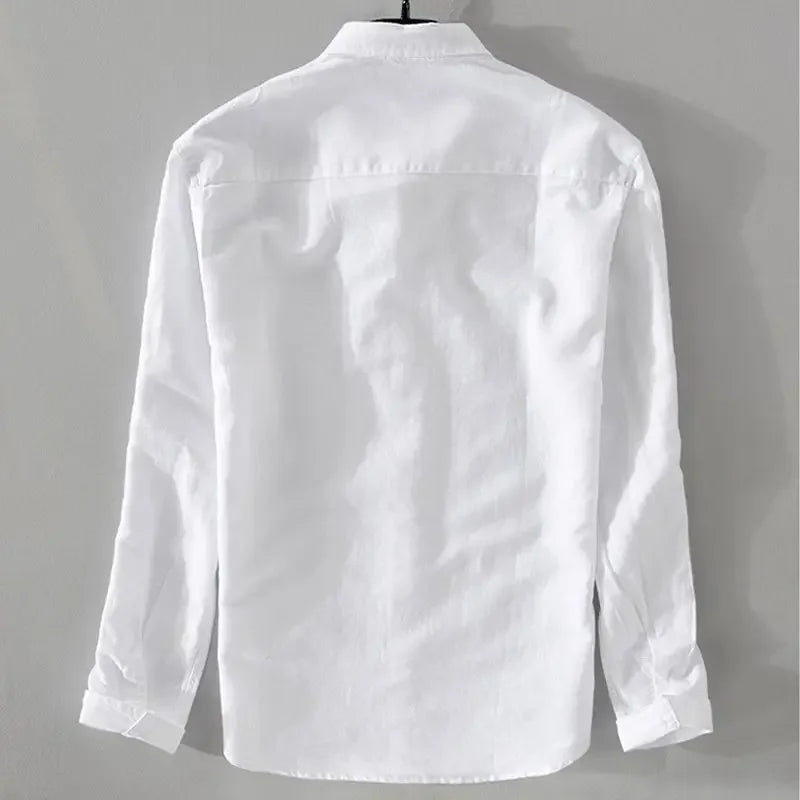 Men's Long Sleeve Casual Linen Shirt Solid Color Loose Fit Breathable Cotton Linen Fabric Square Collar Trendy Youth Style