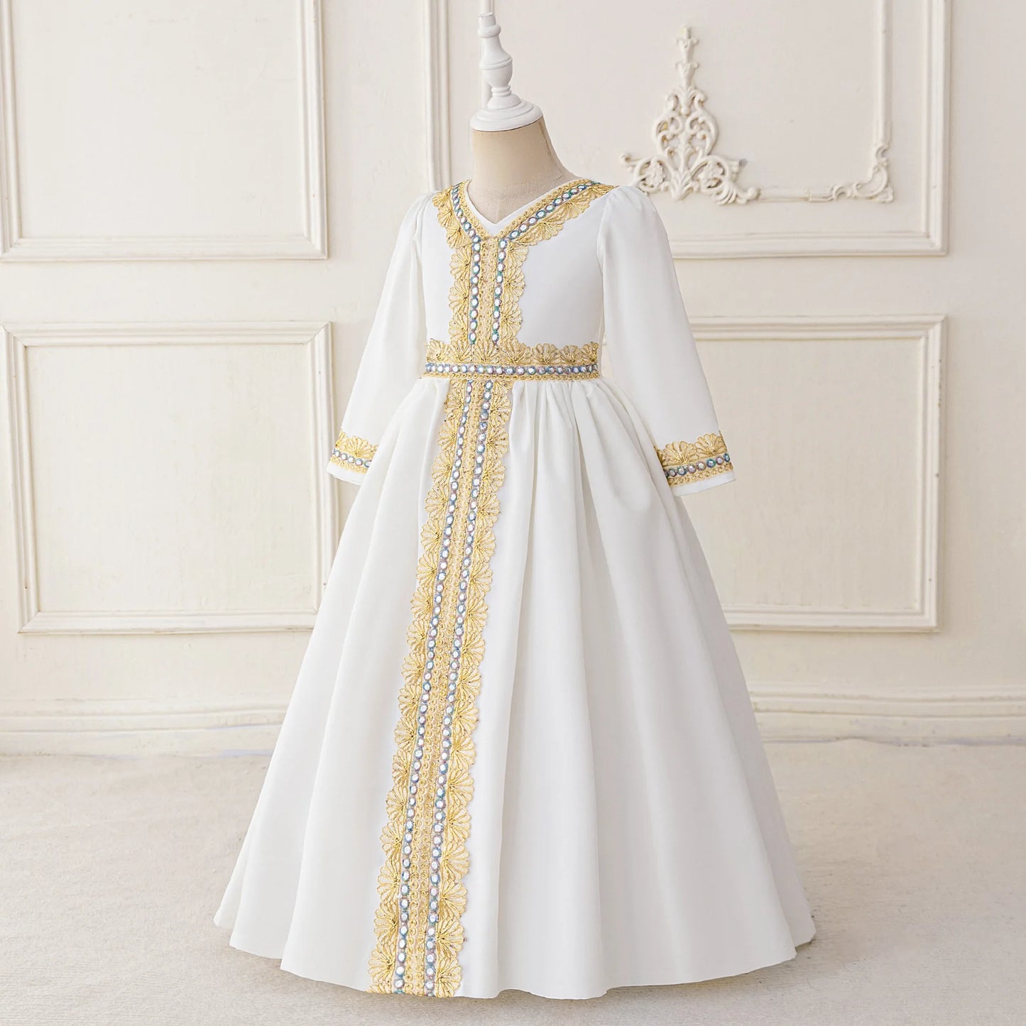 Middle Eastern Arabian Kids Robe Splice Embroidered Belt Dress Muslim Long Sleeve Abayas Dubai Islam Girls Lace Dress Party Gown