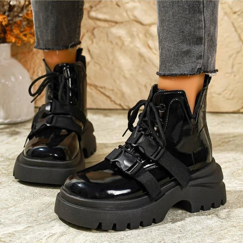 Black Platform Casual Women's Ankle Boots 2025 New Designer Autumn Winter British Style Boots Shoes for Women Botas De Mujer
