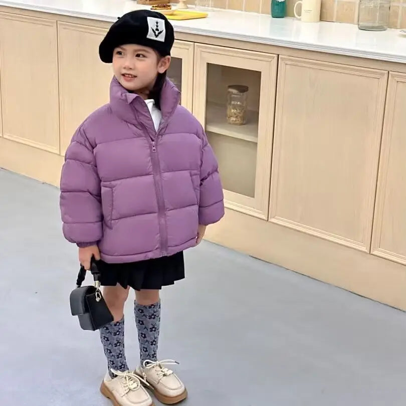 Children Boys Short Thick Parkas Standing Collar Silk Floss Bread Jacket for Boy Girl Letter Warm Solid Toddler Boys Winter Coat