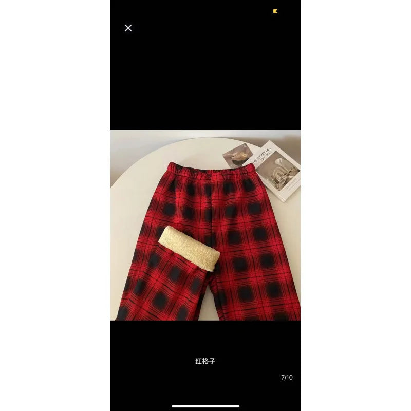High Waist Straight Leg Pants Women's Autumn Winter Thickened Fleece Lamb Velvet Plaid Pants Loose Wide Leg Casual Trousers