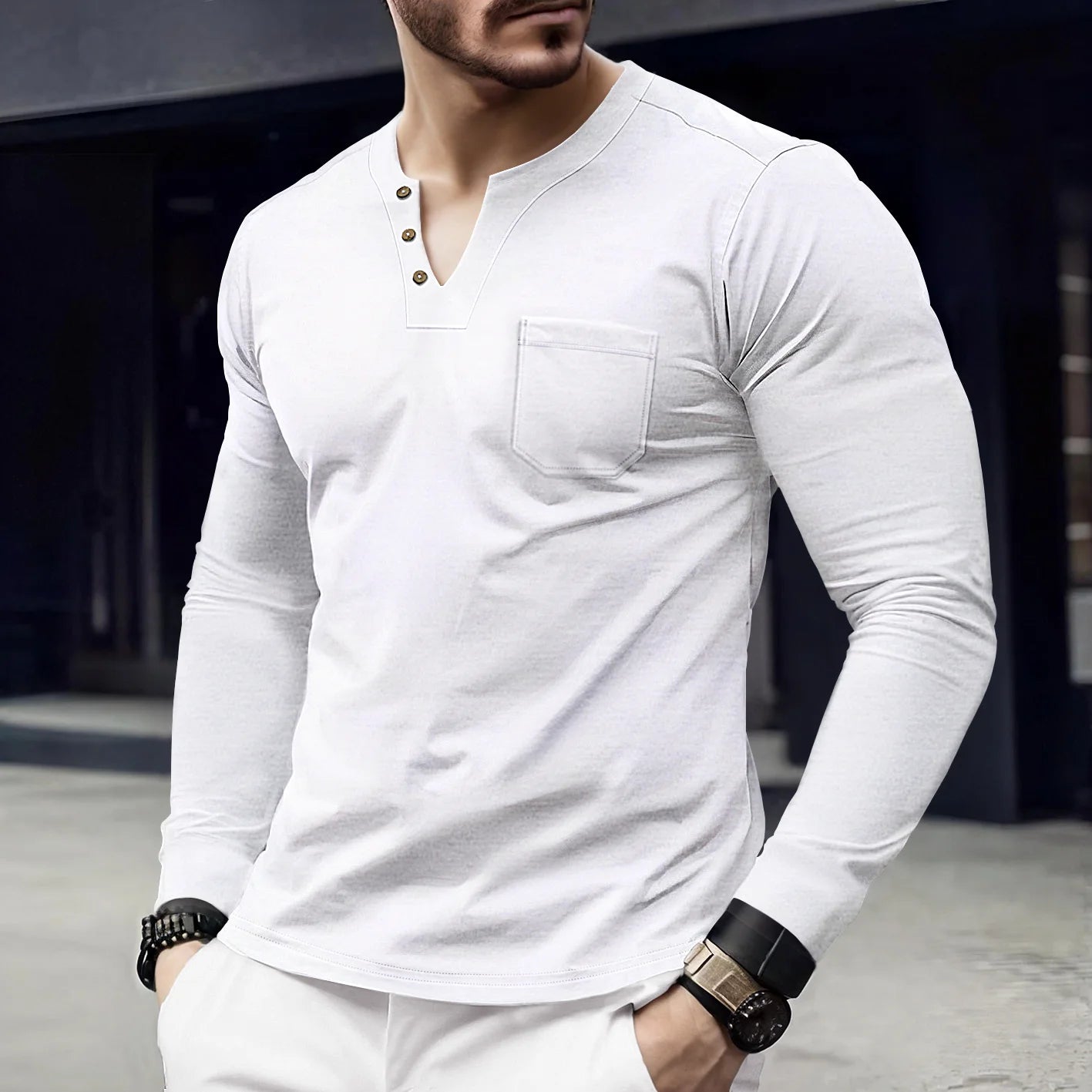 New Spring/Summer Men's Casual V-neck Long sleeved Top with Button Pocket T-shirt Outdoor Versatile Trendy Fashion Men's Top