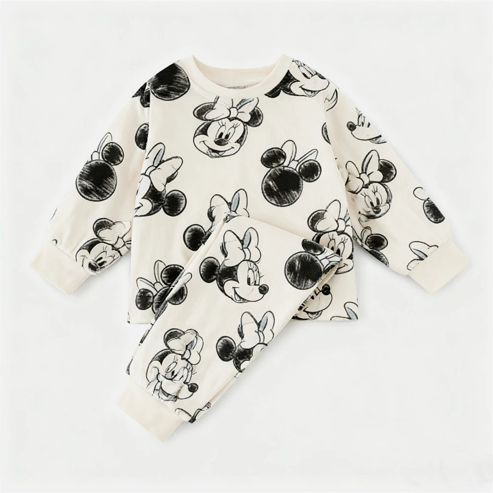 Girls Home Clothing Minnie Full Print Tops Pants Children New Cartoon Long Sleeve Suits Spring Autumn Underwear 2Piece Set