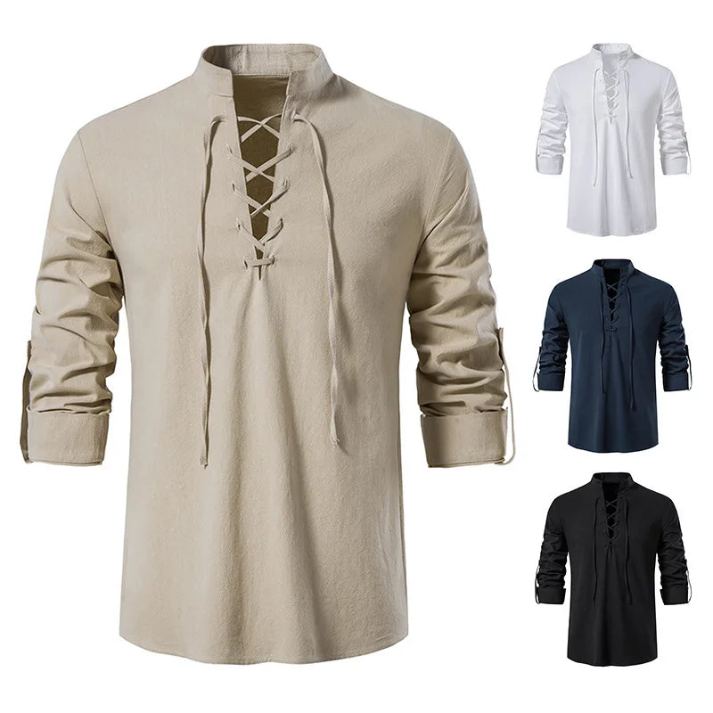 Men Cotton Linen Lace Up Long Sleeve Solid Blouse Shirts Summer Male Solid Loose Pullover Blouse Tops ARJ-A1776