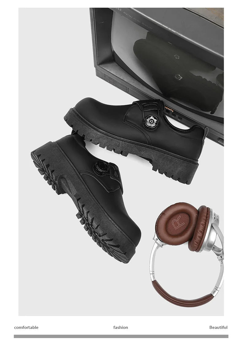 2025 Mens British Retro Wide Round-Toe Derby Shoes Chunky Platform Casual Leather Boots Trendy Streetwear Footwear for Wide Feet