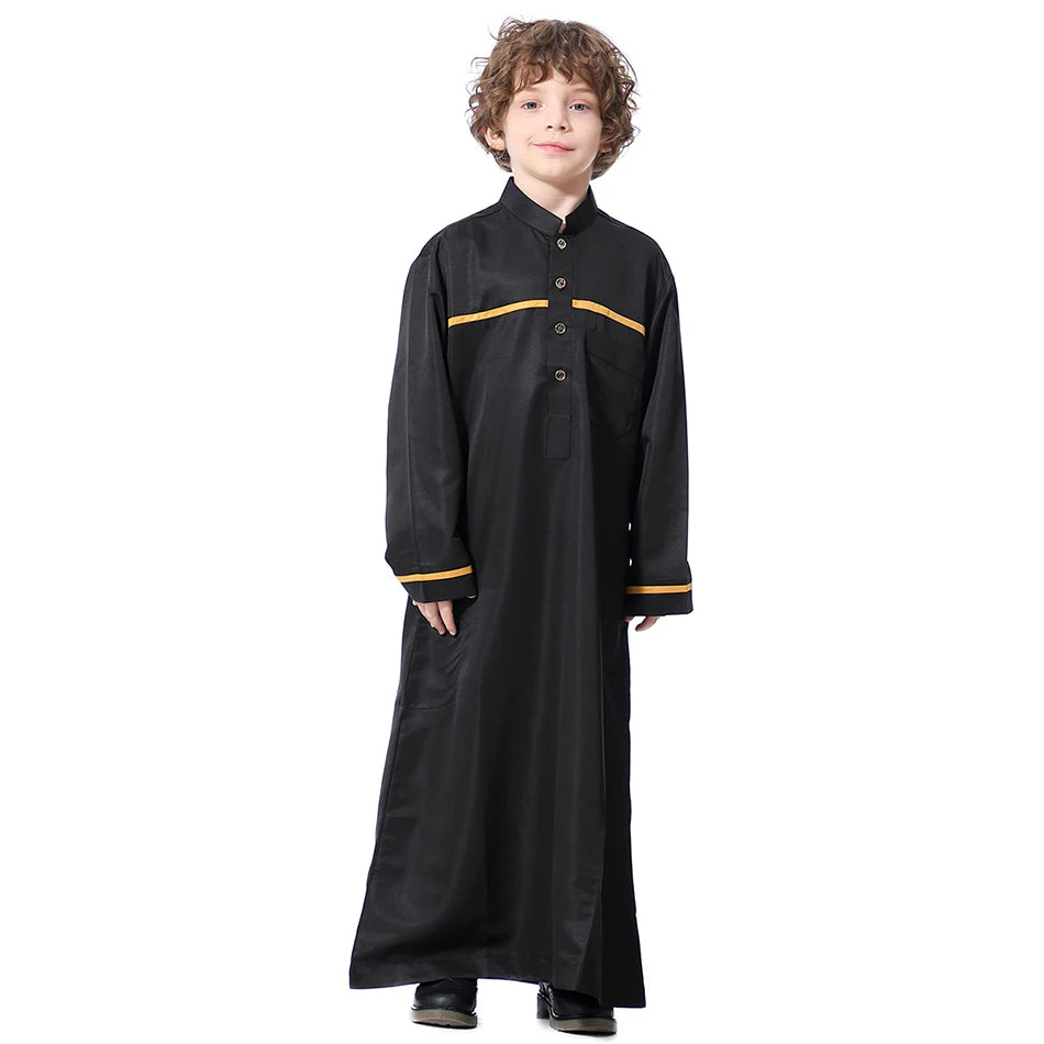 Ramadan Eid Islamic Boys Long Robe Children Traditional Arab Thobe Thawb Caftan Solid Color Long Sleeve Stand Collar with Pocket