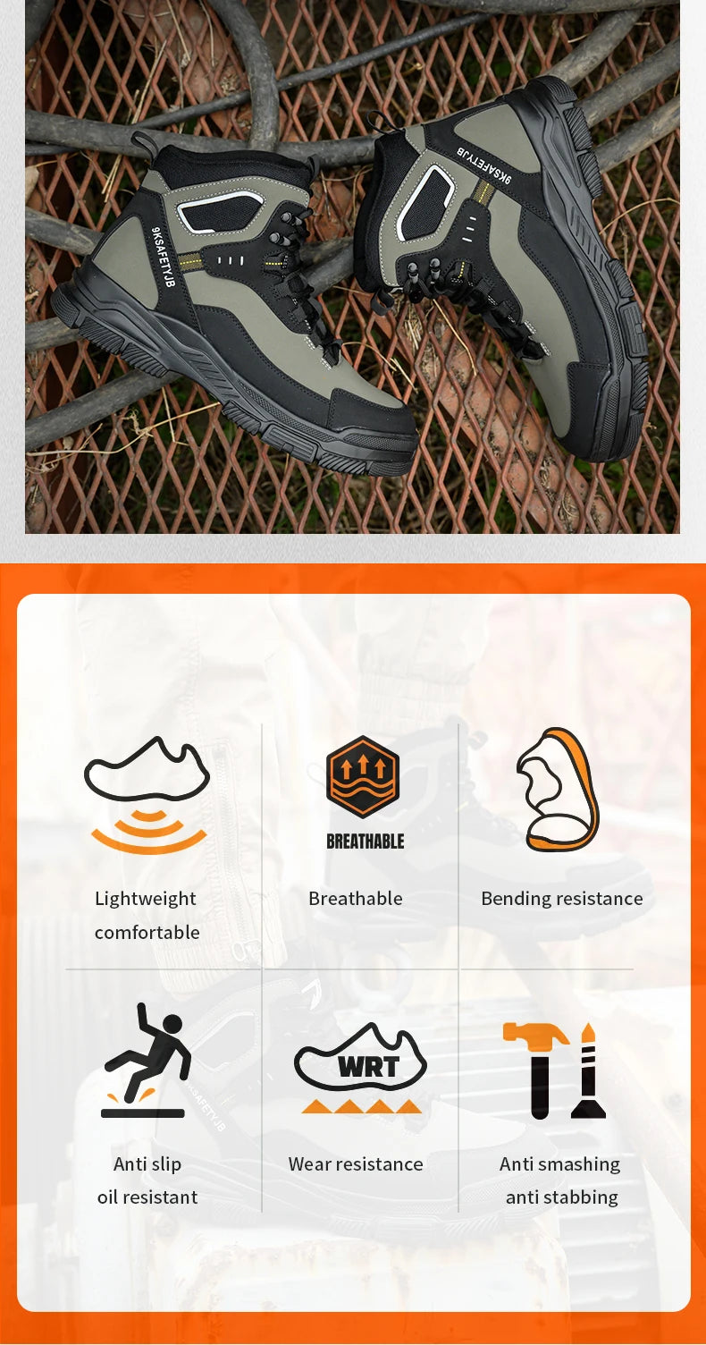 Men's High Top Work Safety Boots with Steel Toe - Anti-Smash, Durable, Protective & Comfortable for Industrial and Outdoor Use