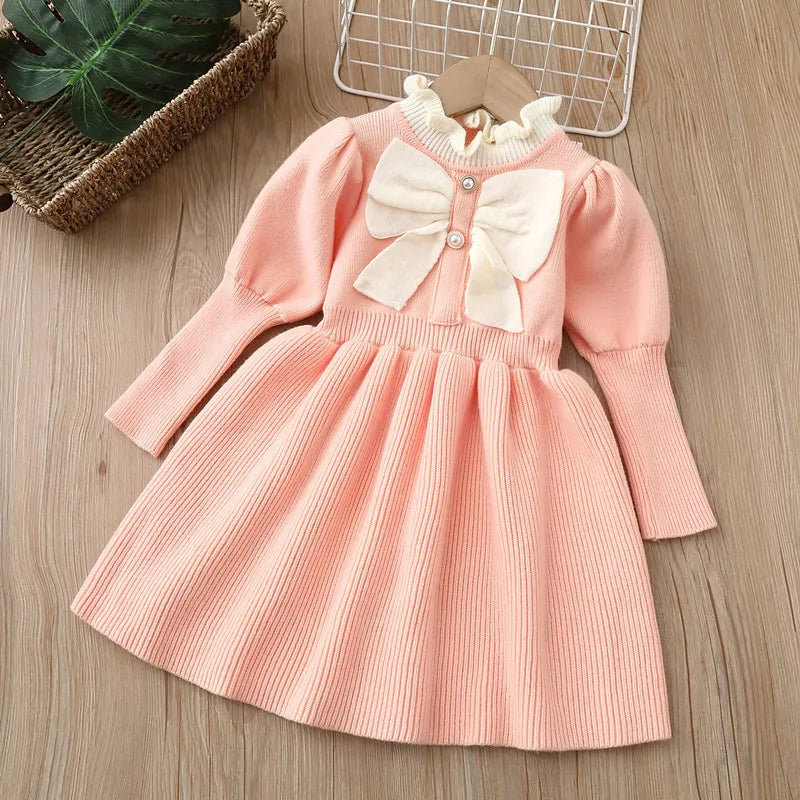 Kids Dresses for Girl Woolen Dress Children Knitted Jumpsuit Bow  Fashion Long Dress Baby Girl Dress Summer Dresses Ropa De Niña