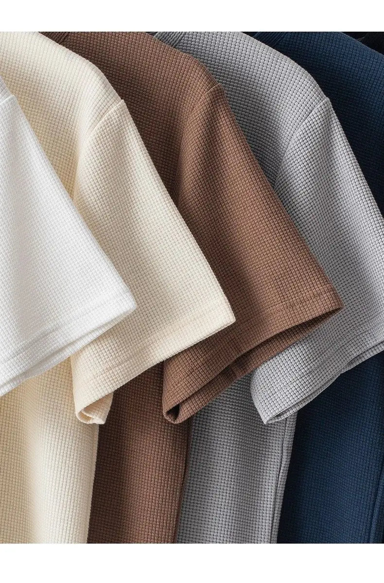 Waffle Short Sleeved T-shirt for Men and Women Summer Japanese Round Neck Half Sleeved Top Loose Casual Solid Color T-shirt