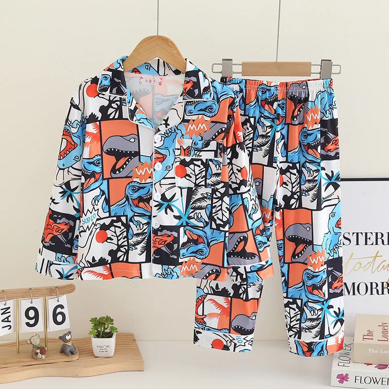 Cartoon New Spring Autumn Children's Pajamas Set Girls Boys Teenagers Stitch Long-sleeved and Pants Outside Home Clothes Set