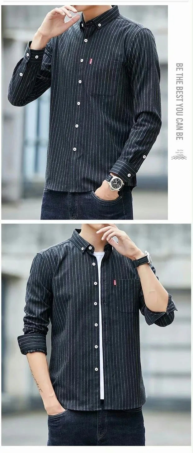 Oxford Cloth Long Sleeve Casual Shirt Thin Summer Men's Fashion Striped Shirt Versatile Loose Fit Sharp Collar Wool Blend