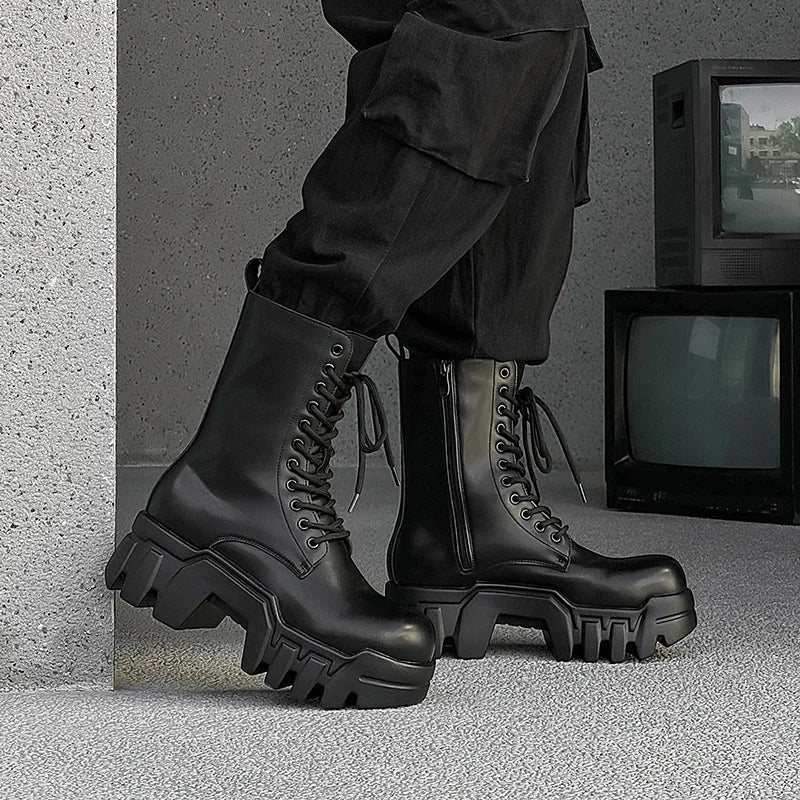 men fashion punk gothic platform boots designer original leather shoes cowboy high boot black stylish long motorcycle botas mans