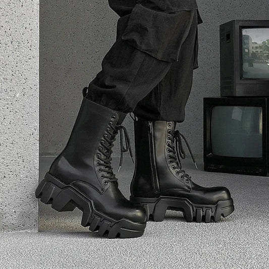 men fashion punk gothic platform boots designer original leather shoes cowboy high boot black stylish long motorcycle botas mans