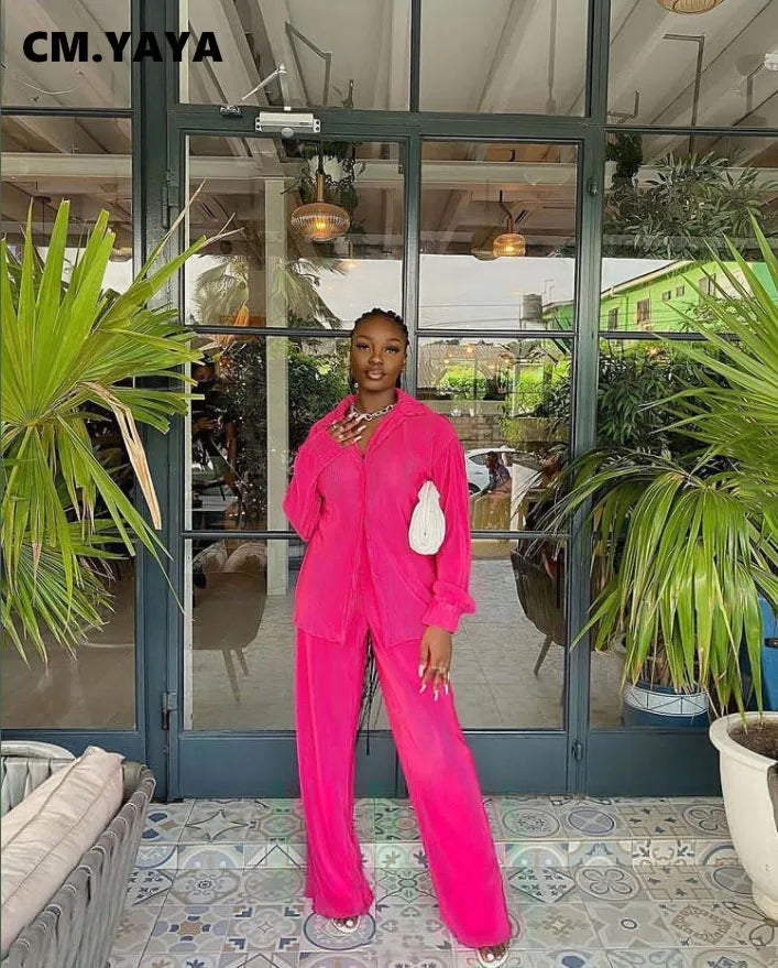 CM.YAYA Pleated Women's Set Long Sleeve Shirt Tops and Straight Wide Leg Pants Elegant Tracksuit Two 2 Piece Set Fitness Outfits