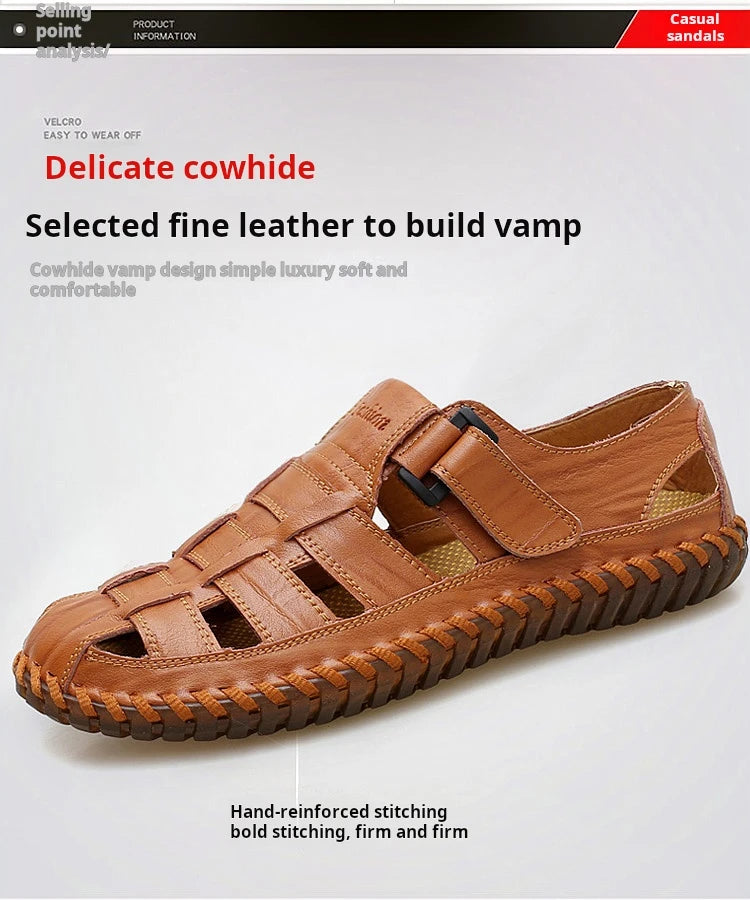 2024 Classic Brand Trend Brown Men's Sandals Handmade Soles Durable Men's Camping Beach Shoes Anti Slip Hollow Casual Shoes