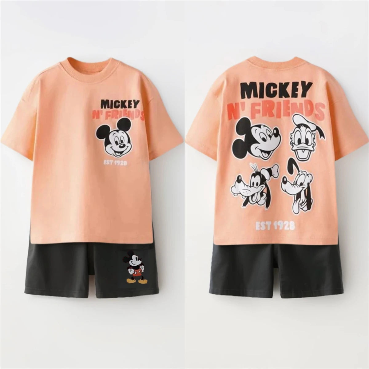 Disney Child Costume Mickey Mouse Double-sided Print Tshirt Short-sleeved Tracksuits 2026 Boys Girls Cute Tees Black Shorts