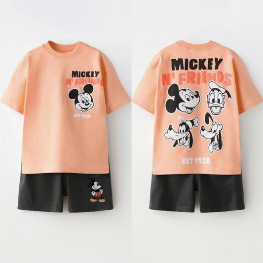 Disney Child Costume Mickey Mouse Double-sided Print Tshirt Short-sleeved Tracksuits 2026 Boys Girls Cute Tees Black Shorts