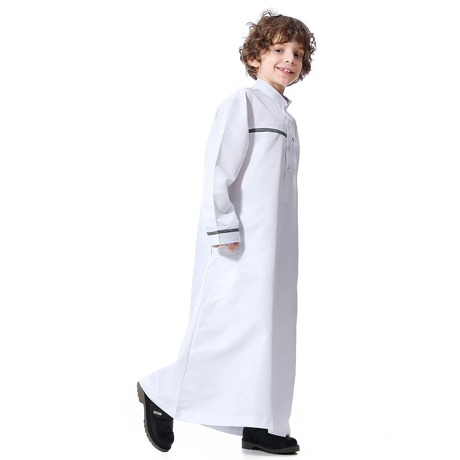 Ramadan Eid Islamic Boys Long Robe Children Traditional Arab Thobe Thawb Caftan Solid Color Long Sleeve Stand Collar with Pocket
