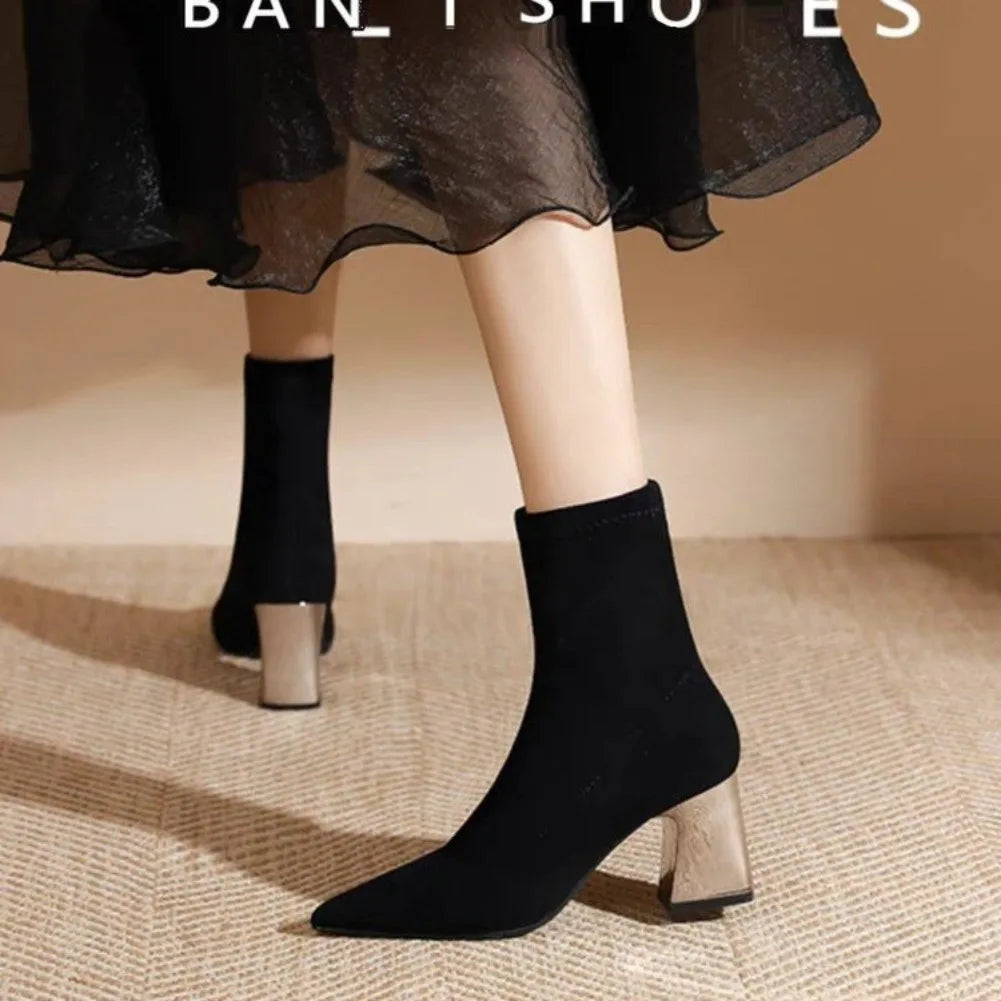 Womens Sexy Boots Suede Women'S Thick Heels And Pointed Black High Heels Versatile And Elegant Boots Zapatos De Mujer Ofertas