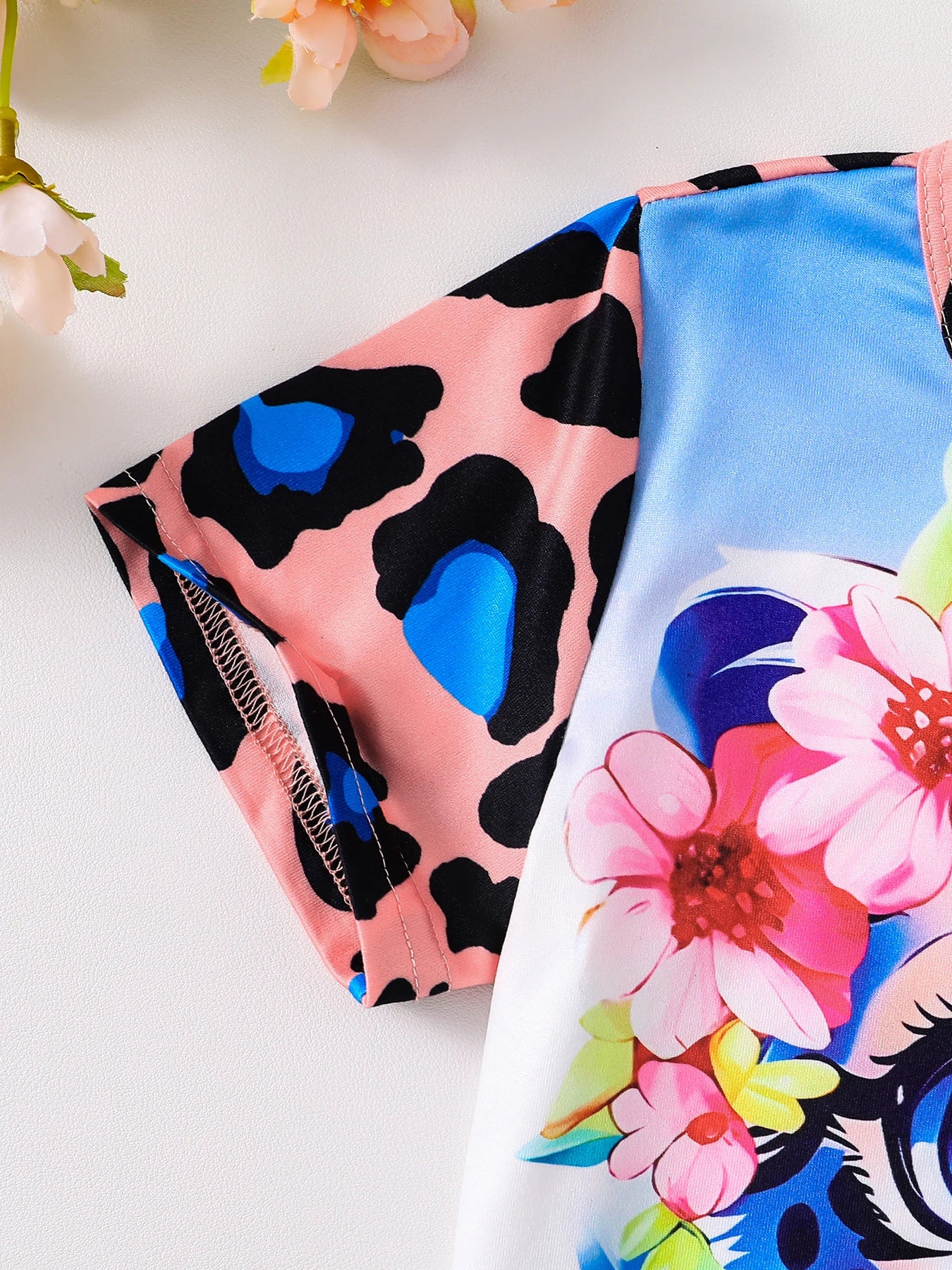 Summer 2-piece set of cute cartoon leopard casual children's clothing for girls, mixed color 4-8Y thin, cool and breathable