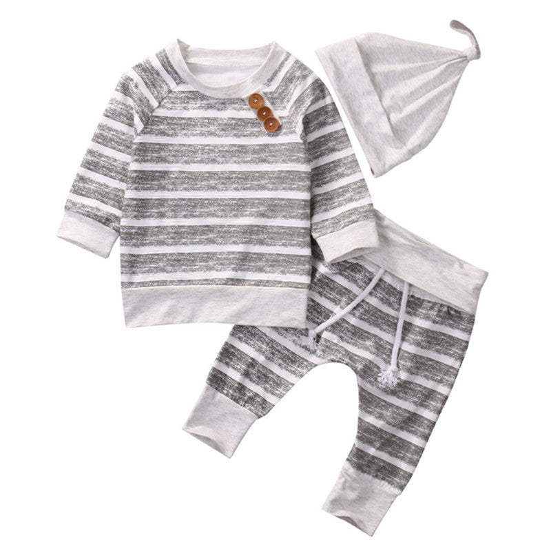 0-18months Baby Boys 3pcs Clothes Set Wide Striped Top Long Drawing Straps Elastic Band Pant Beanie Hat Outfit For Infant Boys