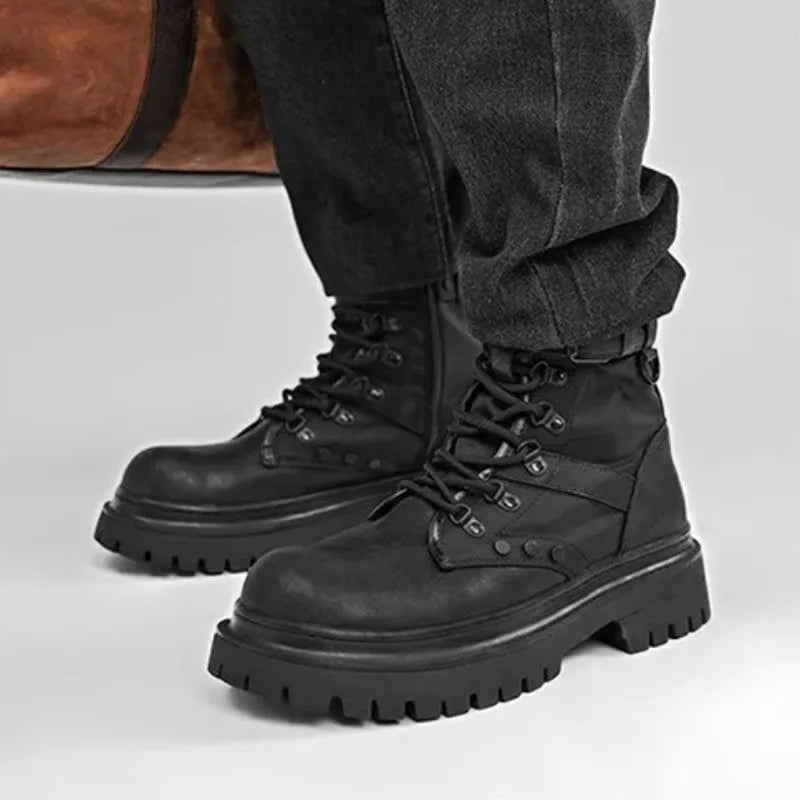 Men's High-Top Boots Retro British Style Black Tooling  Boots Fad Belt Buckle Designer Motorcycle Boot Man Casual Platform Boots