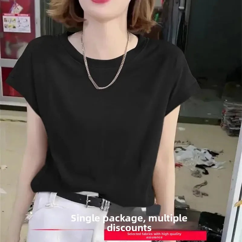 Ice Silk Loose Short Sleeve Crew Neck T-Shirt Knitted Polyester Fiber Summer Basic Top Ice Thread Decorated Bottom Shirt