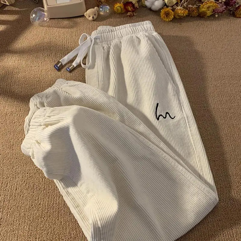 Corduroy Pants for Couples Autumn Winter Loose Fit High Waist Casual Loose Trousers Sports Pants Men Women Trendy Embroidery