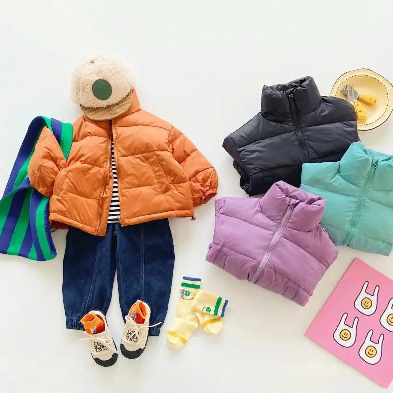 Children Boys Short Thick Parkas Standing Collar Silk Floss Bread Jacket for Boy Girl Letter Warm Solid Toddler Boys Winter Coat
