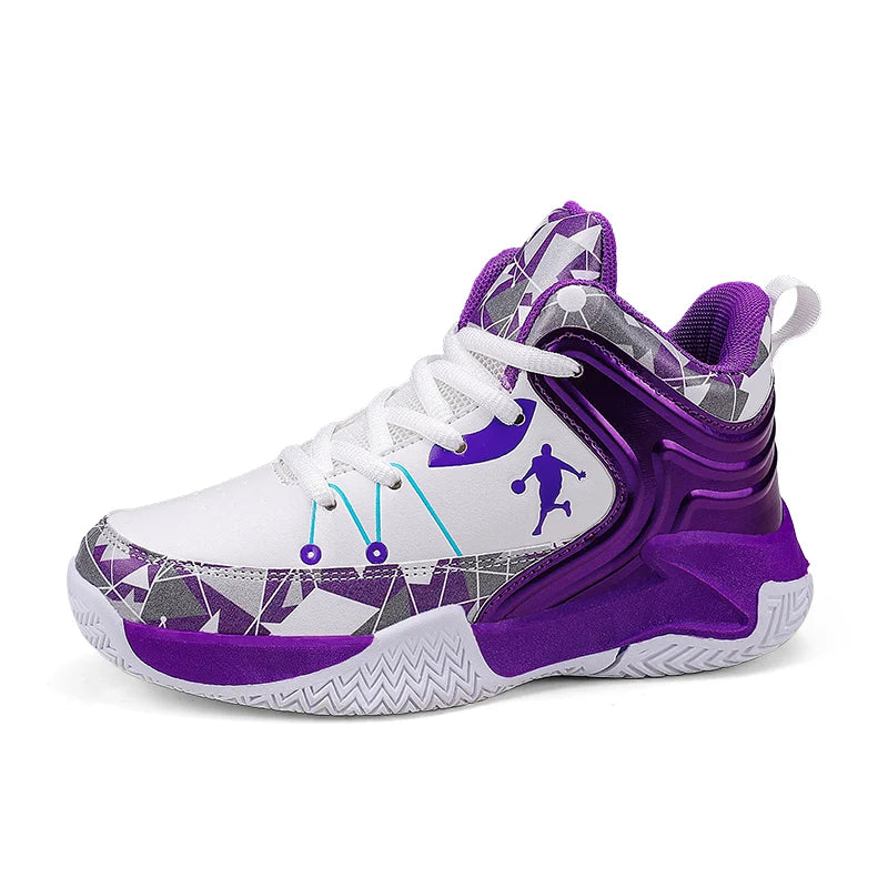 Hot Sale Basketball Shoes For Children Fashion Design Purple Children's Basketball Sneakers High Top Lace-up Kids Sports Shoes