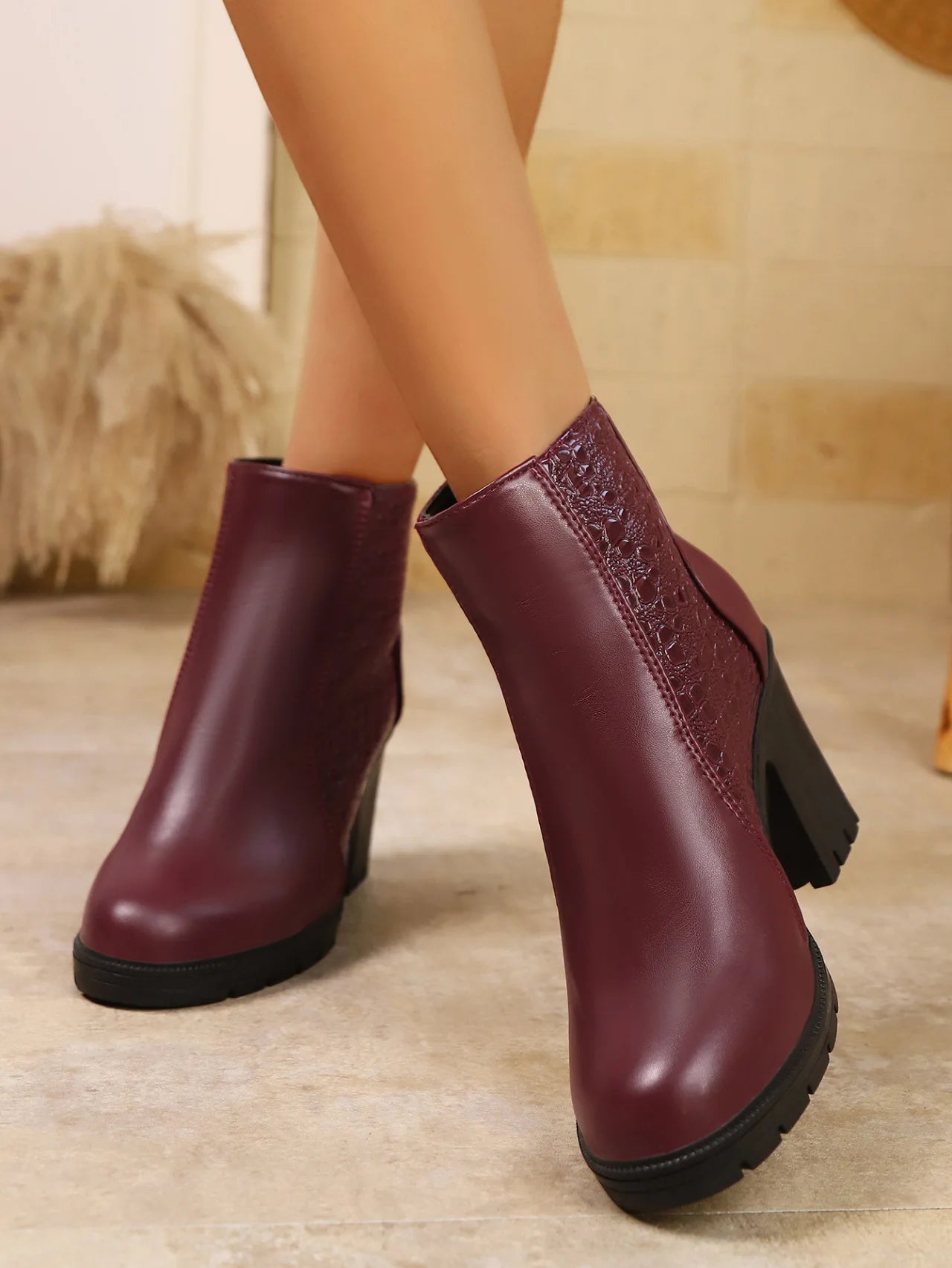 British Style Round Toe High Heel Short Boots for Women Back Zip PU Leather Autumn Winter Ankle Boots Botines Para Mujeres